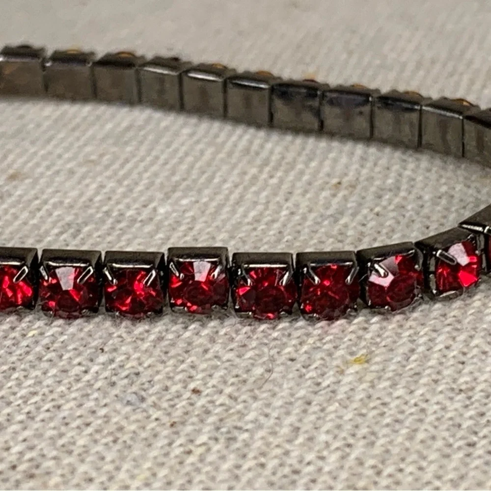 Vintage Silver Red Stretch Tennis Bracelet Formal Glam Goth Ruby Crystal